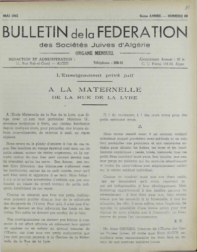 Bulletin de la Fédération des sociétés juives d’Algérie  V°09 N°80 (01/05/1942)